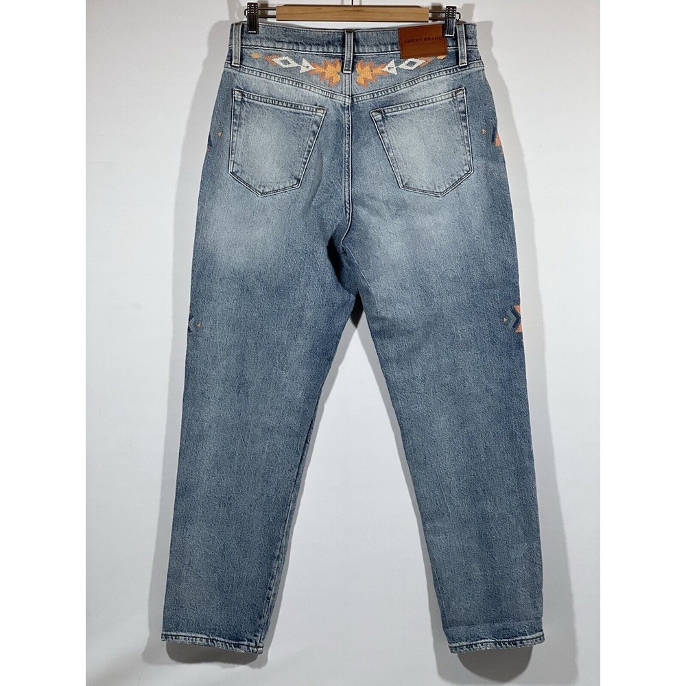 Lucky Brand Drew Mom Jeans Womens 8 29 Blue Denim High Rise Embroidered Retro - Picture 11 of 16